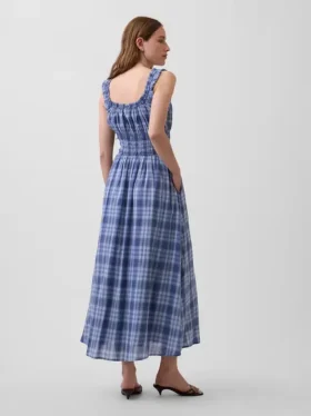 Vestito lungo in voile a quadri con vita smockata