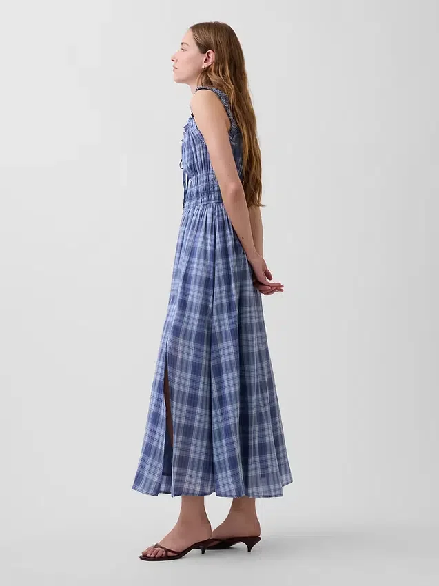 Vestito lungo in voile a quadri con vita smockata