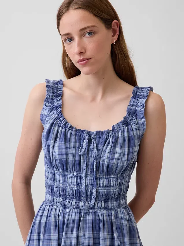Vestito lungo in voile a quadri con vita smockata
