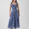 Vestito lungo in voile a quadri con vita smockata