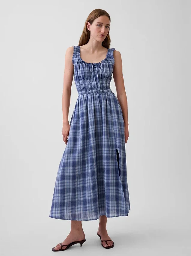 Vestito lungo in voile a quadri con vita smockata