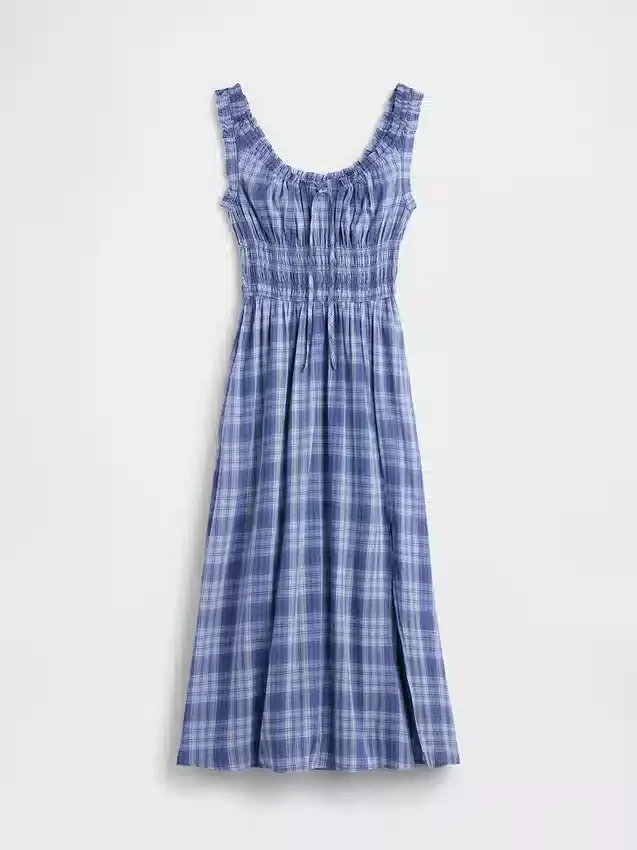 Vestito lungo in voile a quadri con vita smockata