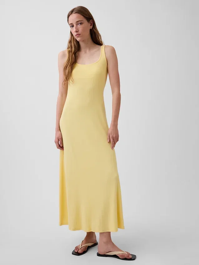 Vestito lungo moderno a scollo quadrato a costine