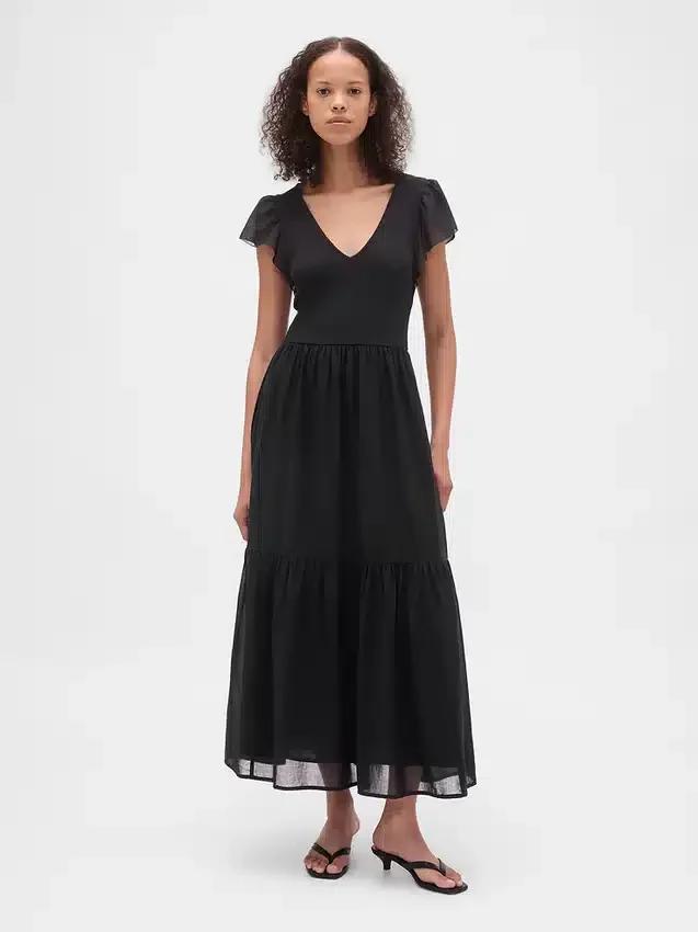 Vestito lungo moderno con volant in tessuto misto