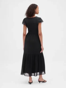Vestito lungo moderno con volant in tessuto misto