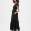 Vestito lungo moderno con volant in tessuto misto