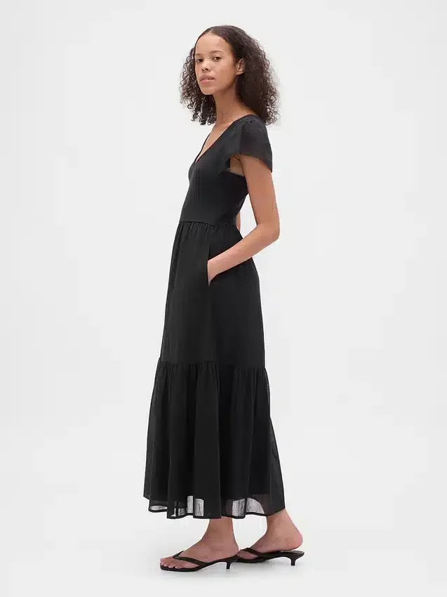 Vestito lungo moderno con volant in tessuto misto