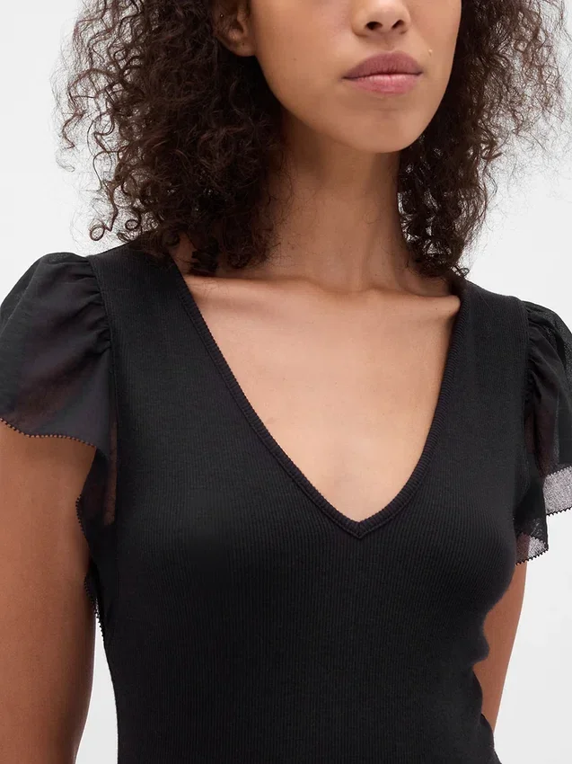 Vestito lungo moderno con volant in tessuto misto