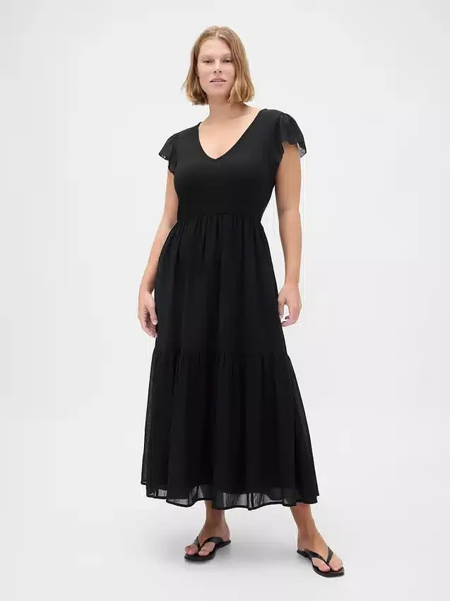 Vestito lungo moderno con volant in tessuto misto