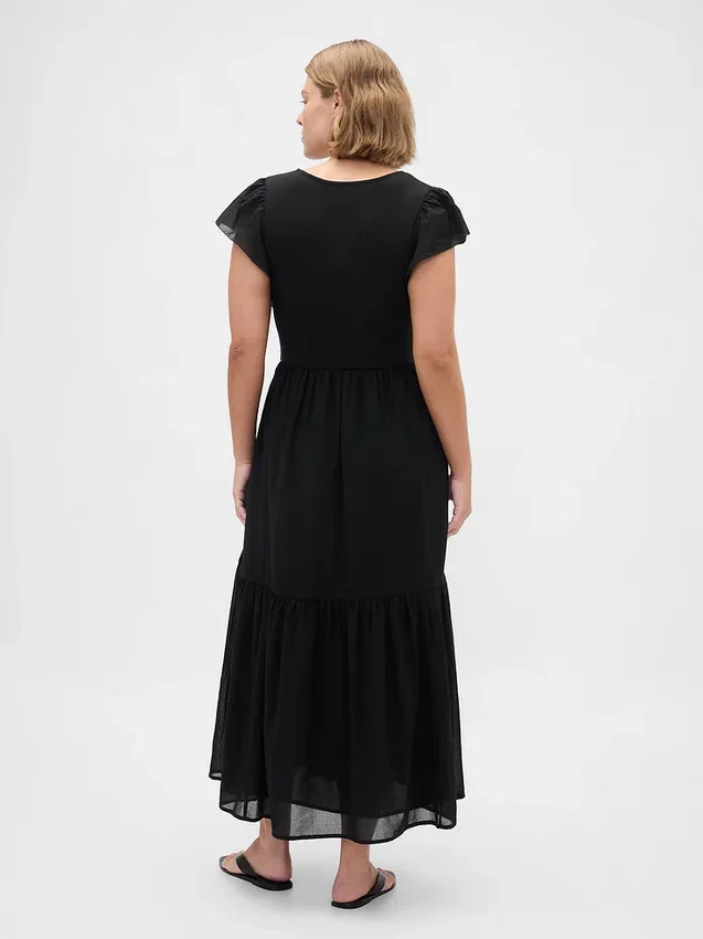 Vestito lungo moderno con volant in tessuto misto
