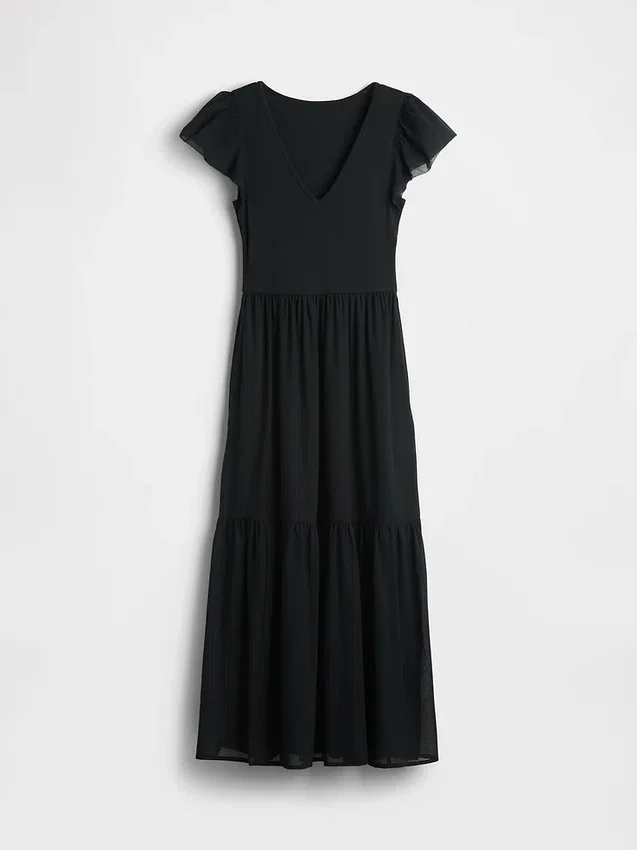 Vestito lungo moderno con volant in tessuto misto