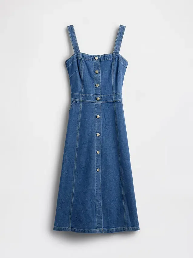 Vestito midi in denim con chiusura frontale a bottoni