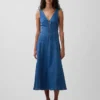 Vestito midi in denim con cuciture e chiusura frontale con cerniera