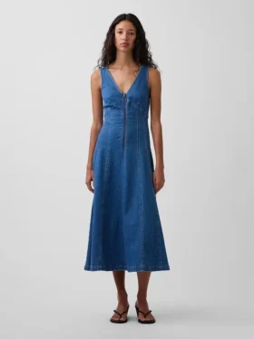 Vestito midi in denim con cuciture e chiusura frontale con cerniera