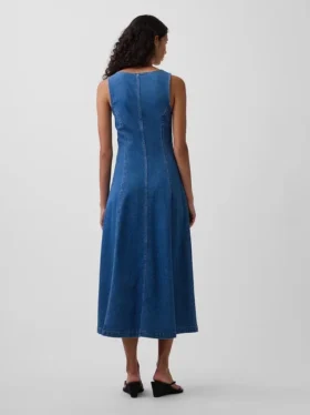 Vestito midi in denim con cuciture e chiusura frontale con cerniera