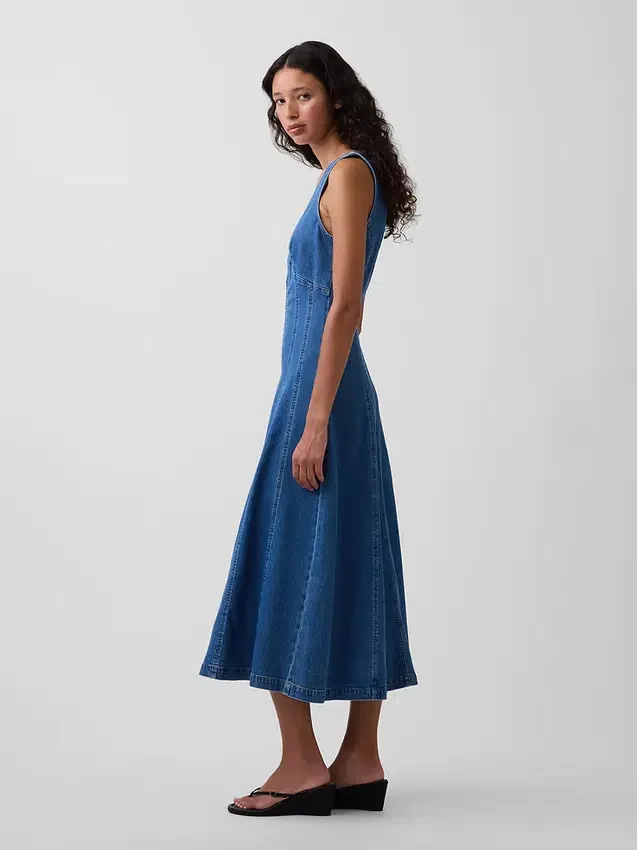 Vestito midi in denim con cuciture e chiusura frontale con cerniera