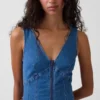 Vestito midi in denim con cuciture e chiusura frontale con cerniera