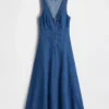 Vestito midi in denim con cuciture e chiusura frontale con cerniera