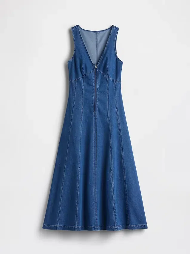 Vestito midi in denim con cuciture e chiusura frontale con cerniera