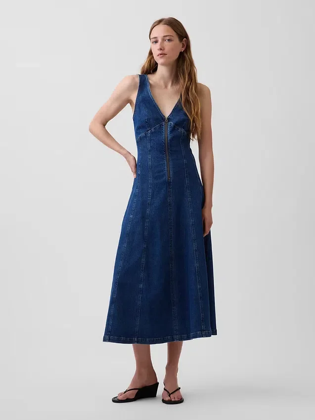 Vestito midi in denim con cuciture e zip frontale
