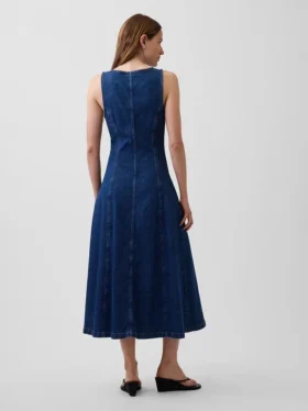 Vestito midi in denim con cuciture e zip frontale