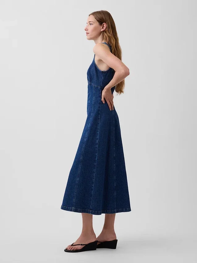 Vestito midi in denim con cuciture e zip frontale