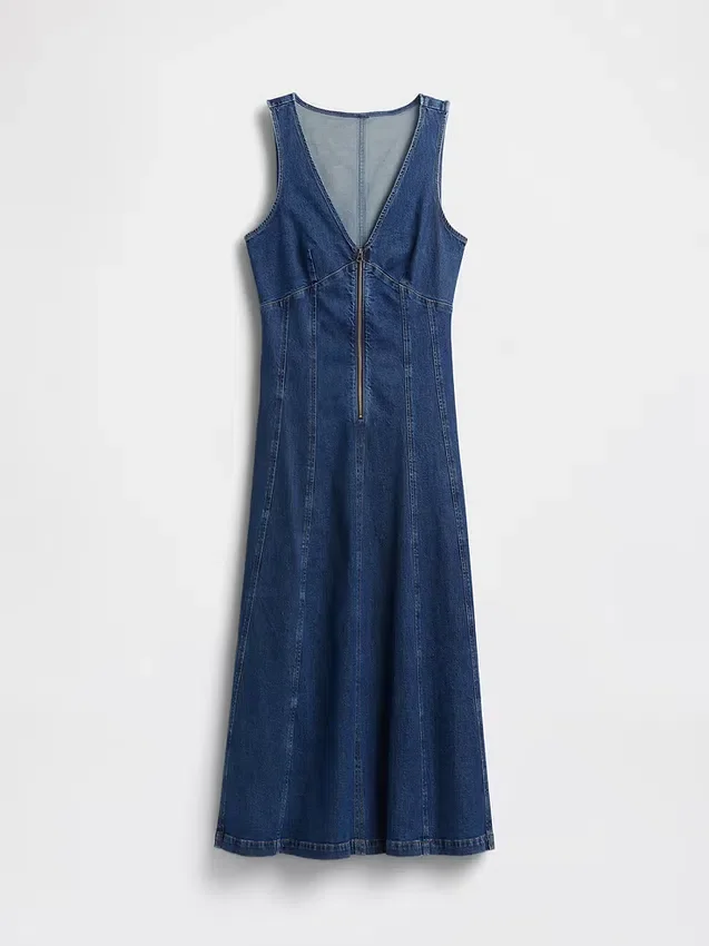 Vestito midi in denim con cuciture e zip frontale