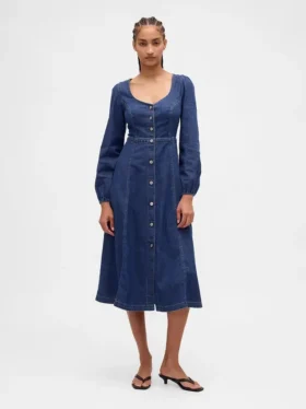 Vestito midi in denim con scollo a cuore