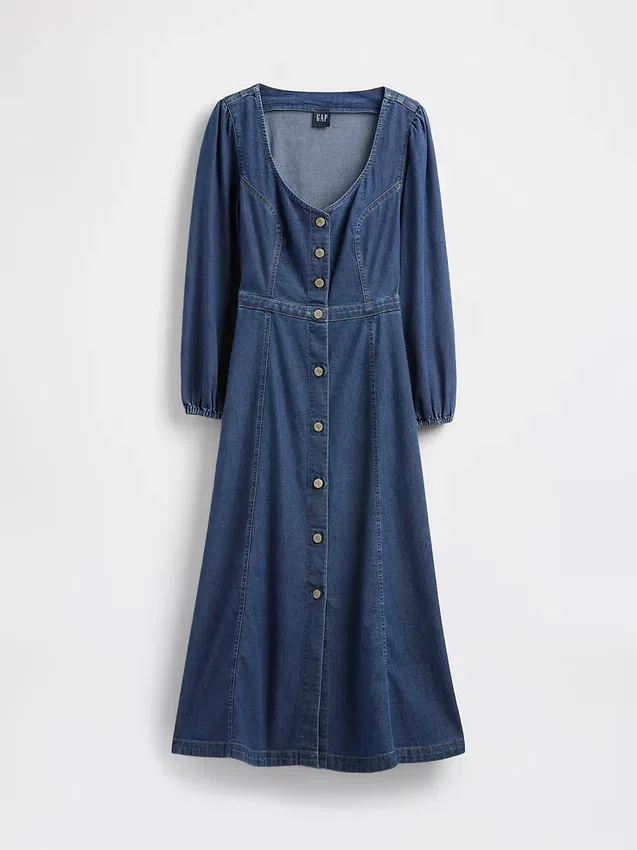 Vestito midi in denim con scollo a cuore