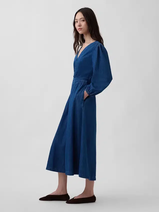 Vestito midi in denim con vita a pezzi