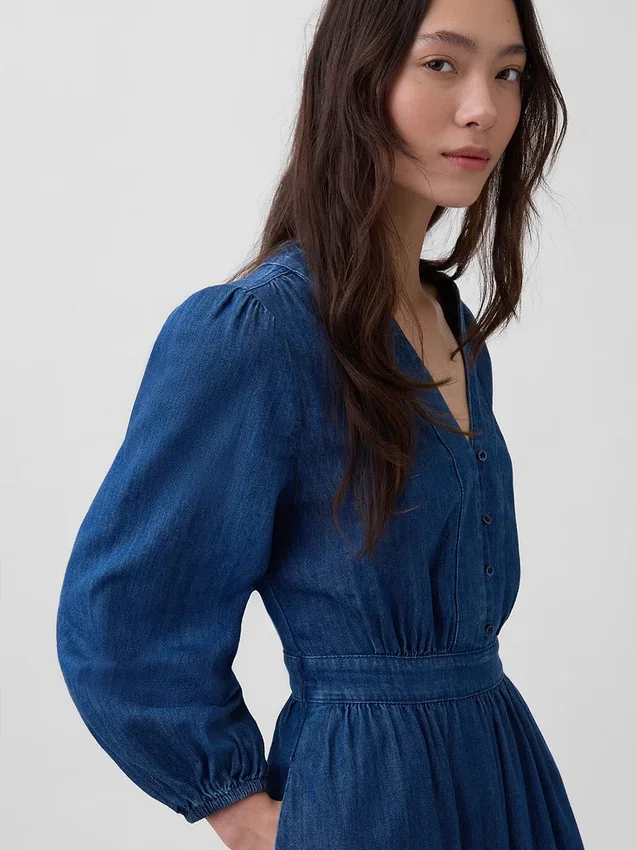 Vestito midi in denim con vita a pezzi