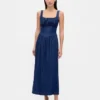 Vestito midi in denim con vita bassa e effetto corsetto
