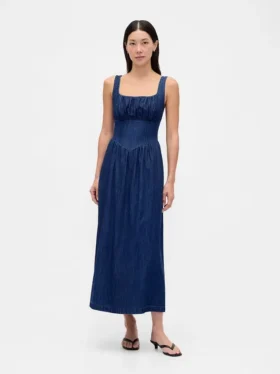 Vestito midi in denim con vita bassa e effetto corsetto