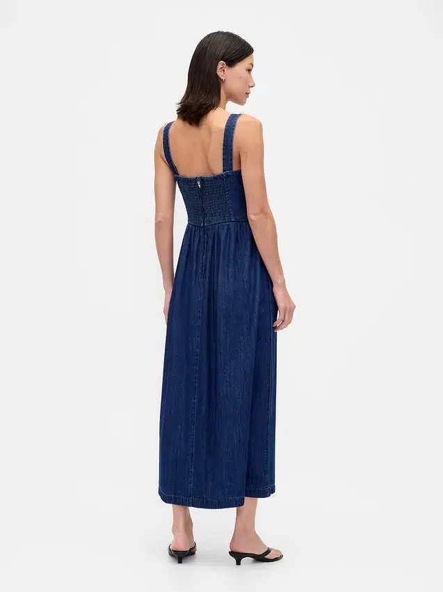 Vestito midi in denim con vita bassa e effetto corsetto