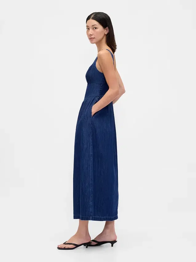 Vestito midi in denim con vita bassa e effetto corsetto