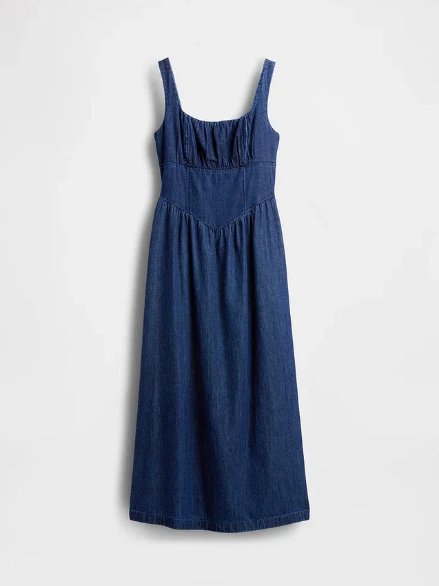 Vestito midi in denim con vita bassa e effetto corsetto