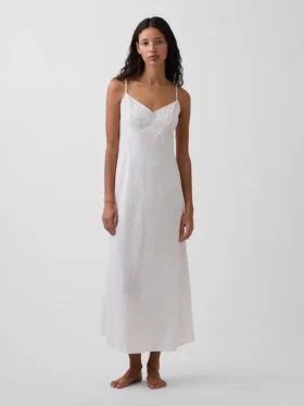 Vestito midi ricamato in misto lino