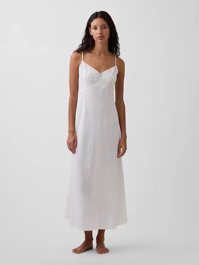 Vestito midi ricamato in misto lino