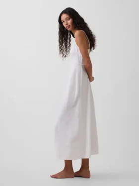 Vestito midi ricamato in misto lino