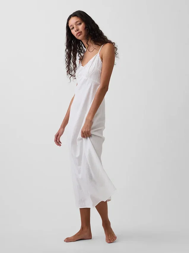 Vestito midi ricamato in misto lino