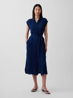 Vestito midi utility in denim con cintura da annodare