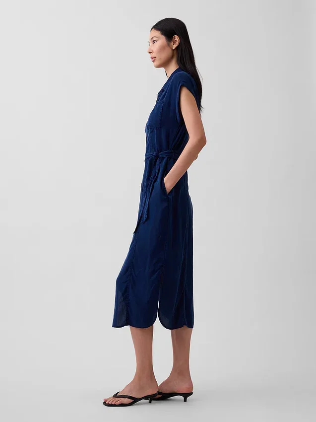 Vestito midi utility in denim con cintura da annodare
