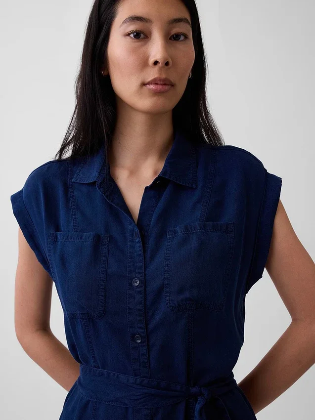 Vestito midi utility in denim con cintura da annodare