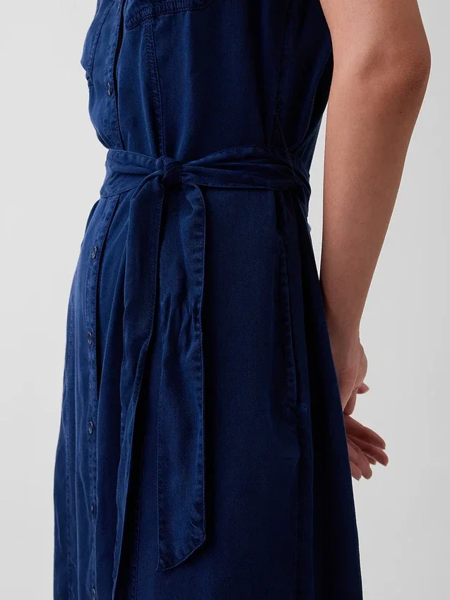 Vestito midi utility in denim con cintura da annodare