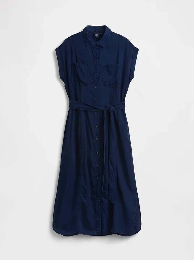 Vestito midi utility in denim con cintura da annodare