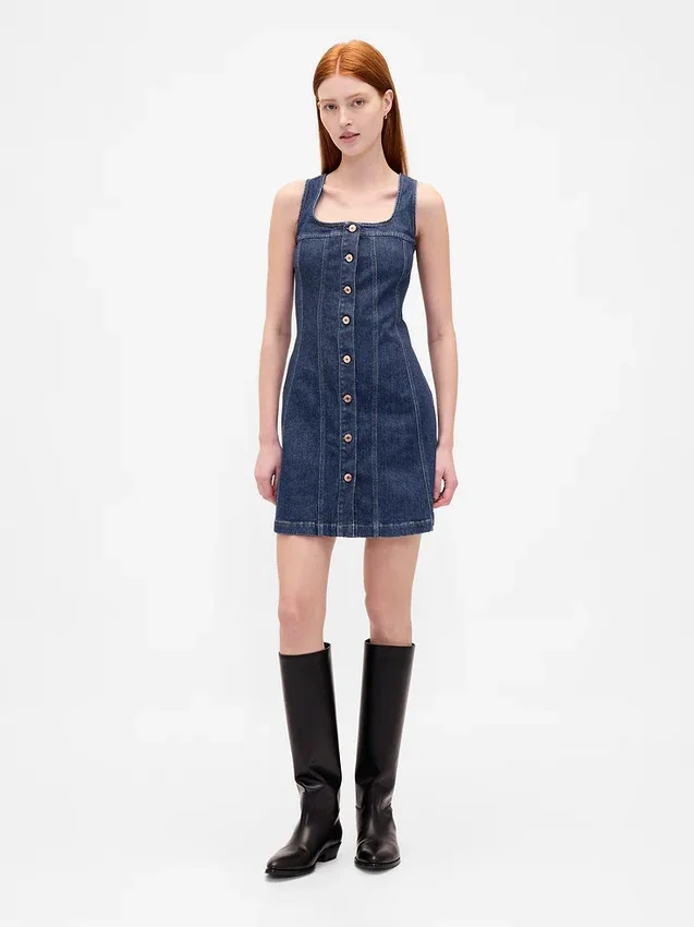 Vestito mini in denim con cuciture e abbottonatura frontale