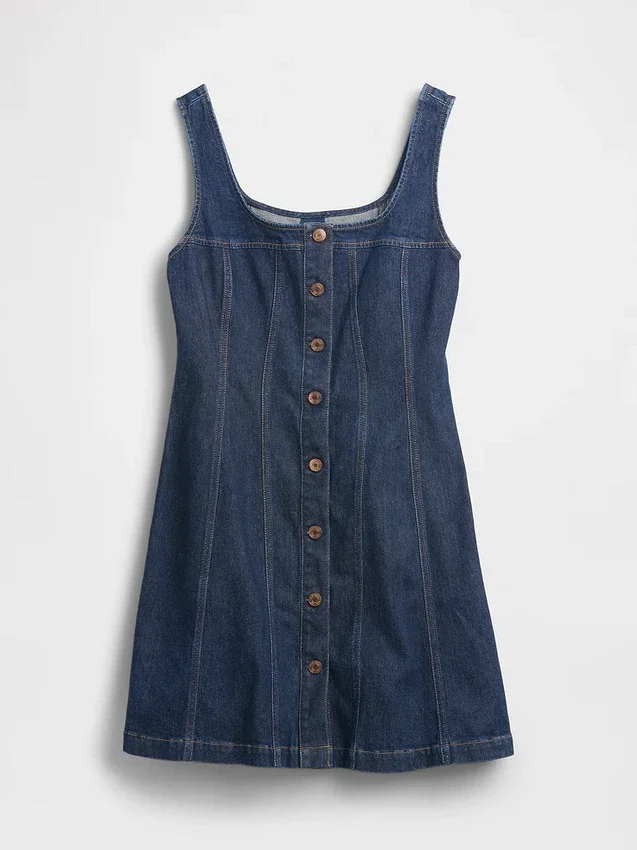 Vestito mini in denim con cuciture e abbottonatura frontale